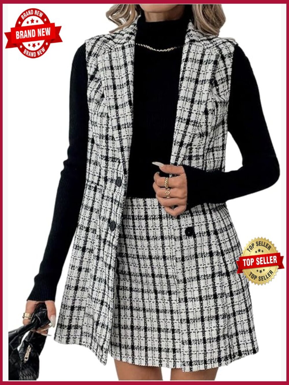 Plaid Print Blazer and Skirt Set - Office Workwear
